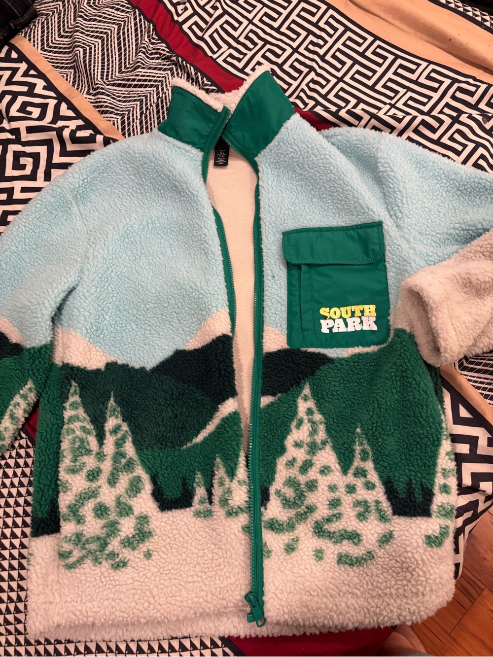 H&M Light Blue, Green & White Sherpa Jacket with South Park Chest Pocket